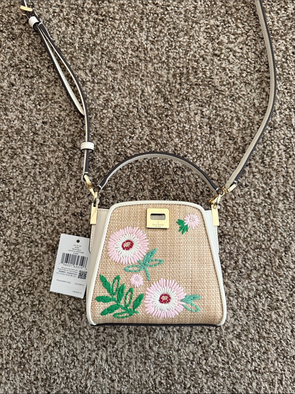kate spade Straw Crossbody with Pink Floral Embroidery and Cream Trim